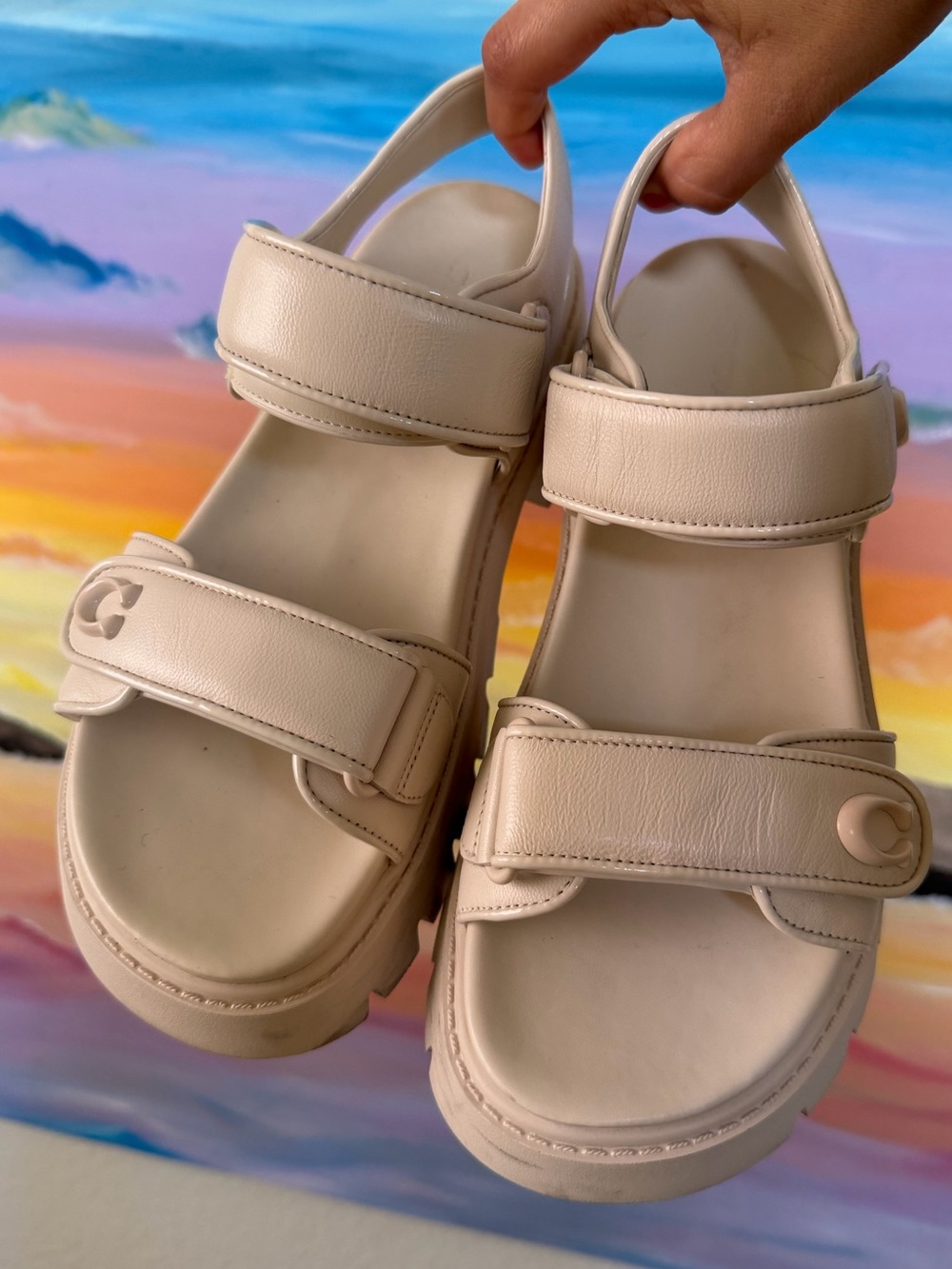 COACH Women's Cream Casual Velcro Platform Sandals
